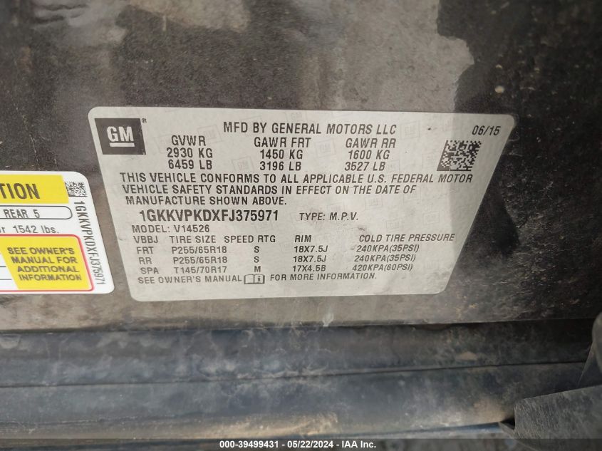 2015 GMC Acadia Sle-2 VIN: 1GKKVPKDXFJ375971 Lot: 39499431