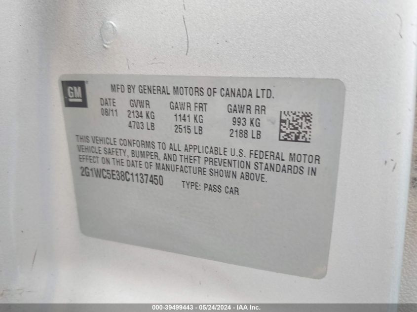 2012 Chevrolet Impala Ltz VIN: 2G1WC5E38C1137450 Lot: 39499443