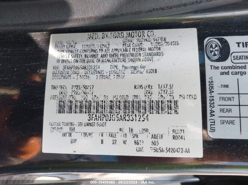 2010 Ford Fusion Sel VIN: 3FAHP0JG5AR331254 Lot: 39499460