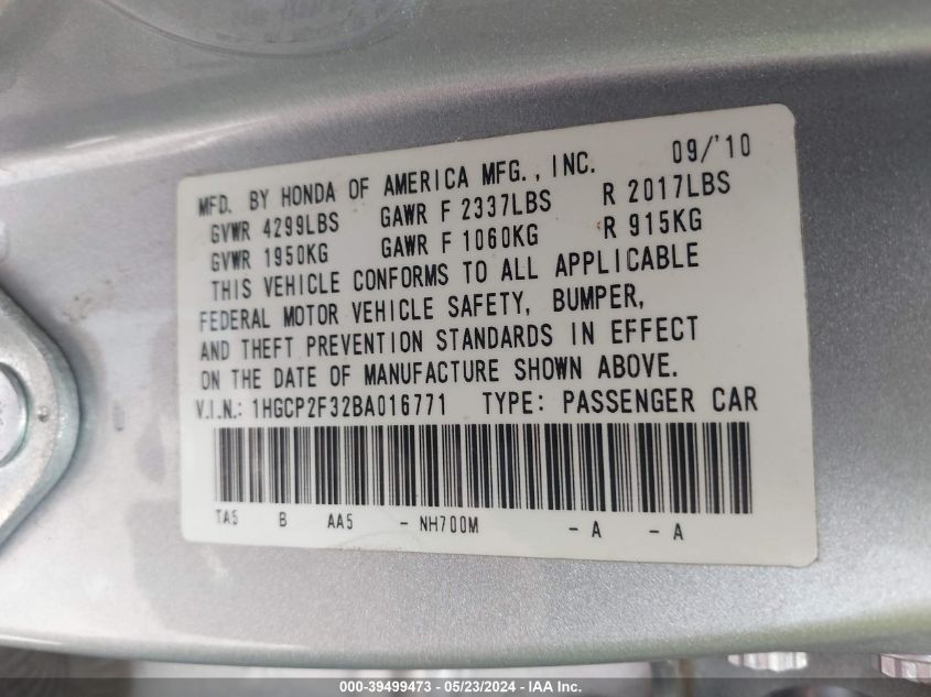 2011 Honda Accord 2.4 Lx VIN: 1HGCP2F32BA016771 Lot: 39499473