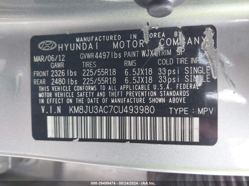 2012 Hyundai Tucson Limited VIN: KM8JU3AC7CU493980 Lot: 39499474