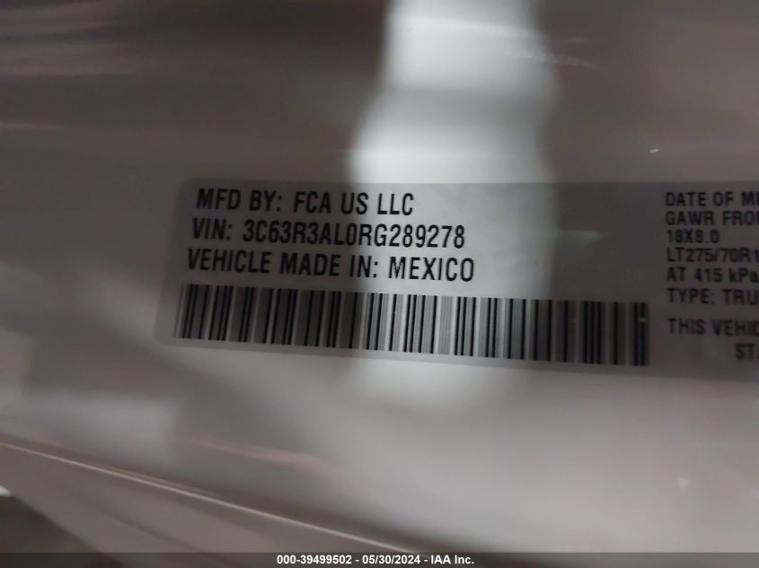 2024 Ram 3500 Tradesman Regular Cab 4X4 8' Box VIN: 3C63R3AL0RG289278 Lot: 39499502