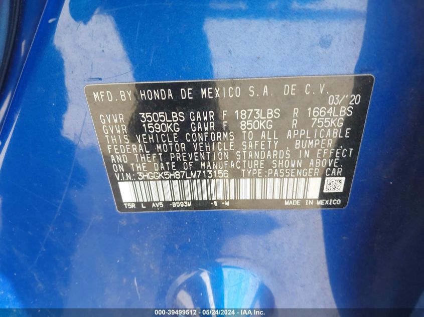 2020 Honda Fit Ex VIN: 3HGGK5H87LM713156 Lot: 39499512