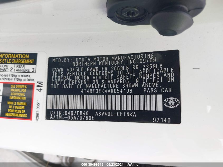 2010 Toyota Camry Le VIN: 4T4BF3EK4AR054108 Lot: 39499515