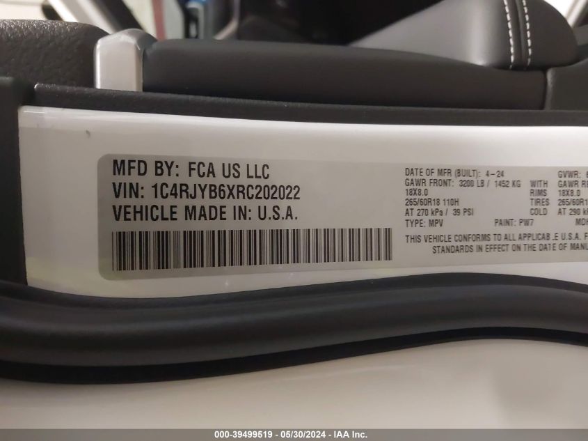 2024 Jeep Grand Cherokee 4Xe VIN: 1C4RJYB6XRC202022 Lot: 39499519