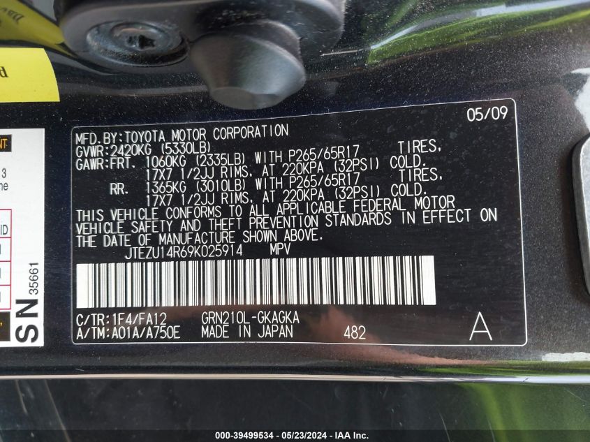 2009 Toyota 4Runner Sr5 V6 VIN: JTEZU14R69K025914 Lot: 39499534
