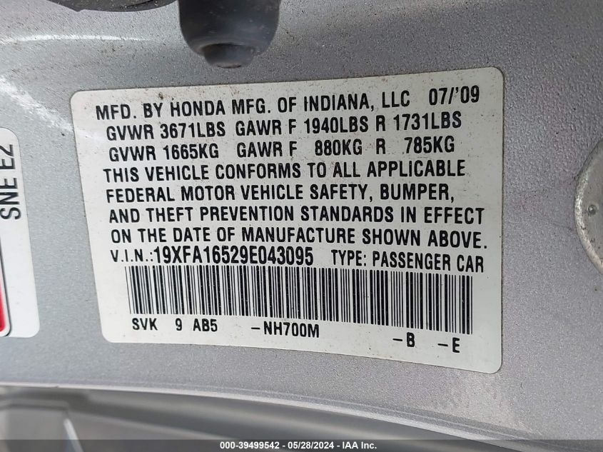 2009 Honda Civic Lx VIN: 19XFA16529E043095 Lot: 39499542