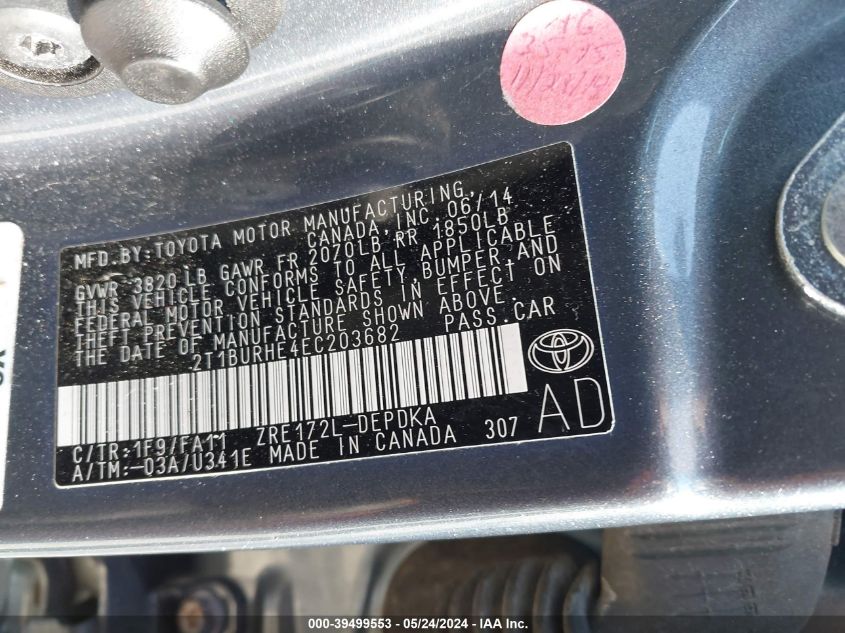 2014 Toyota Corolla L VIN: 2T1BURHE4EC203682 Lot: 39499553