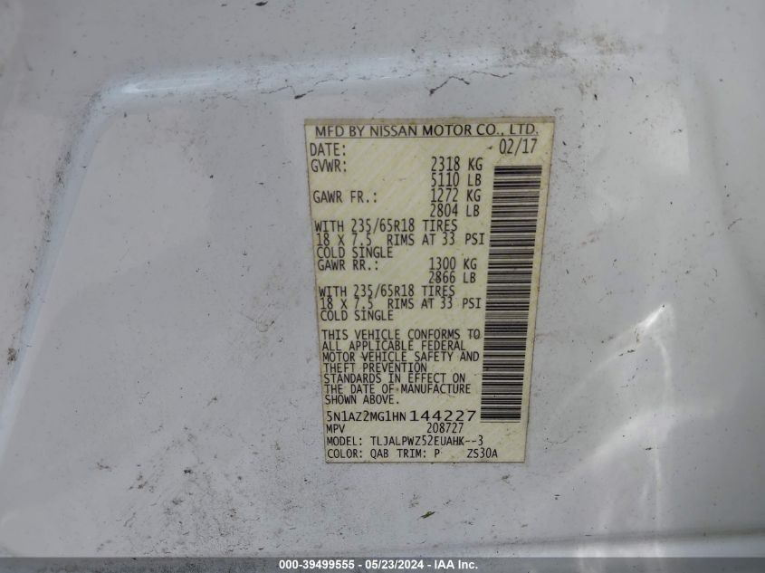 2017 Nissan Murano S VIN: 5N1AZ2MG1HN144227 Lot: 39499555