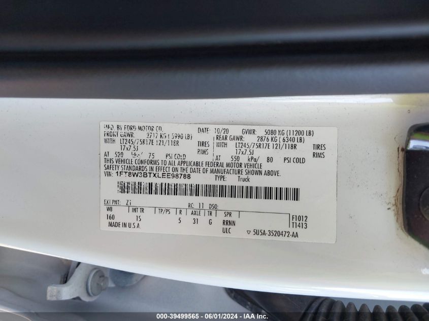 2020 Ford F-350 Xl VIN: 1FT8W3BTXLEE98788 Lot: 39499565