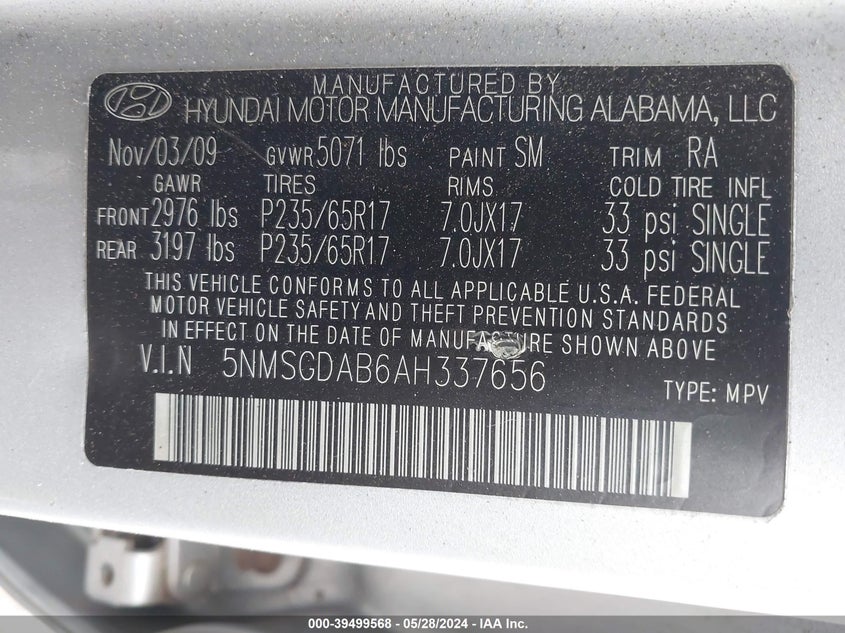 2010 Hyundai Santa Fe Gls VIN: 5NMSGDAB6AH337656 Lot: 39499568