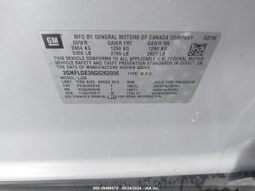 2016 Chevrolet Equinox Ltz VIN: 2GNFLGE38G6262936 Lot: 39499575