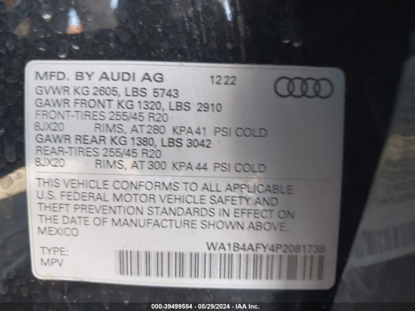 2023 Audi Sq5 Premium Plus Tfsi Quattro Tiptronic VIN: WA1B4AFY4P2081738 Lot: 39499584