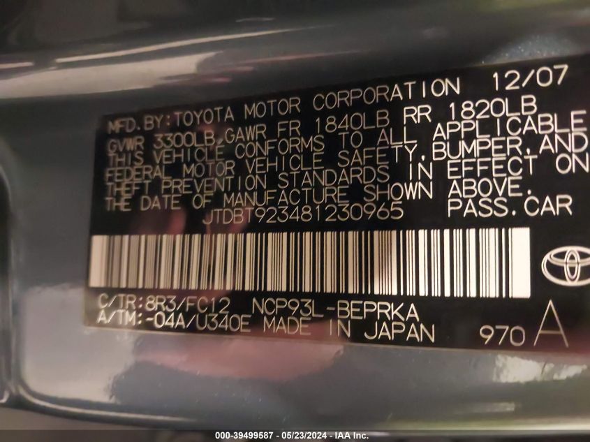 2008 Toyota Yaris VIN: JTDBT923481230965 Lot: 39499587