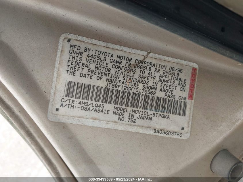 1996 Lexus Es 300 VIN: JT8BF12GXT0179562 Lot: 39499589