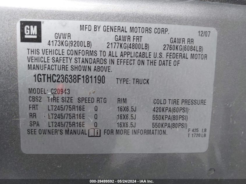2008 GMC Sierra 2500Hd Sle2 VIN: 1GTHC23638F181190 Lot: 39499592