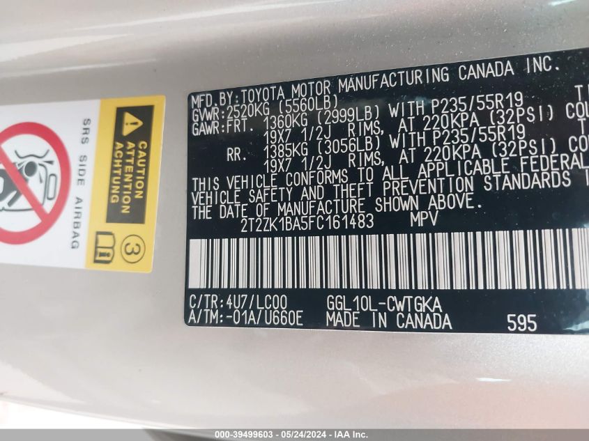 2015 Lexus Rx 350 VIN: 2T2ZK1BA5FC161483 Lot: 39499603