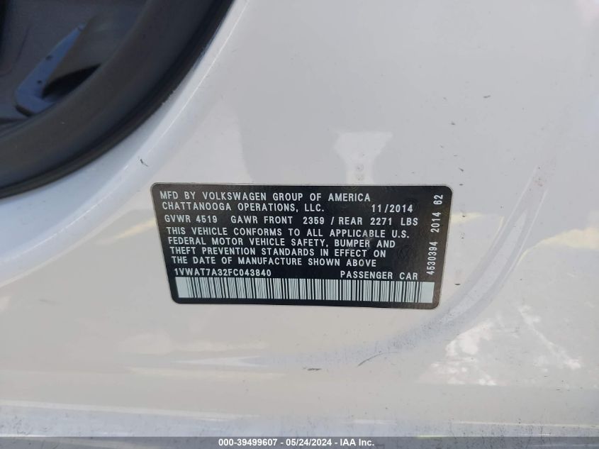 2015 Volkswagen Passat S VIN: 1VWAT7A32FC043840 Lot: 39499607