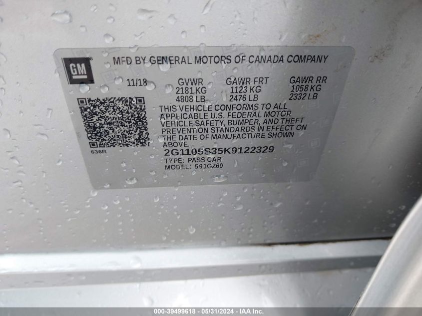 2019 Chevrolet Impala Premier VIN: 2G1105S35K9122329 Lot: 39499618