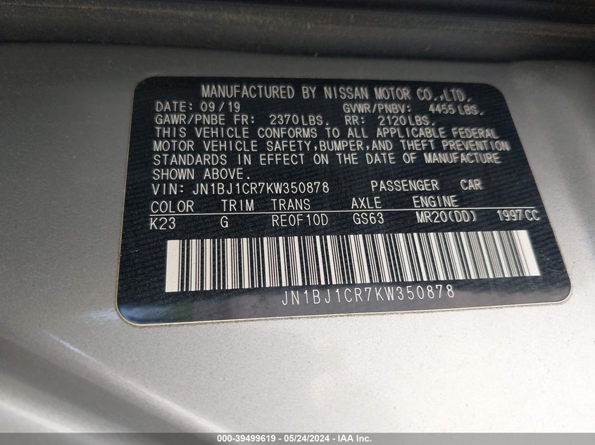 2019 Nissan Rogue Sport S VIN: JN1BJ1CR7KW350878 Lot: 39499619