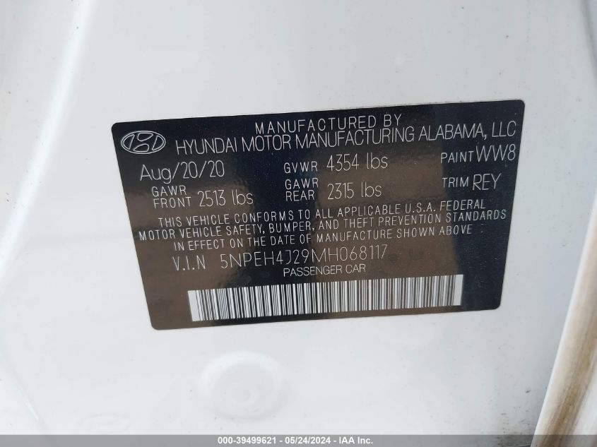 2021 Hyundai Sonata Limited VIN: 5NPEH4J29MH068117 Lot: 39499621