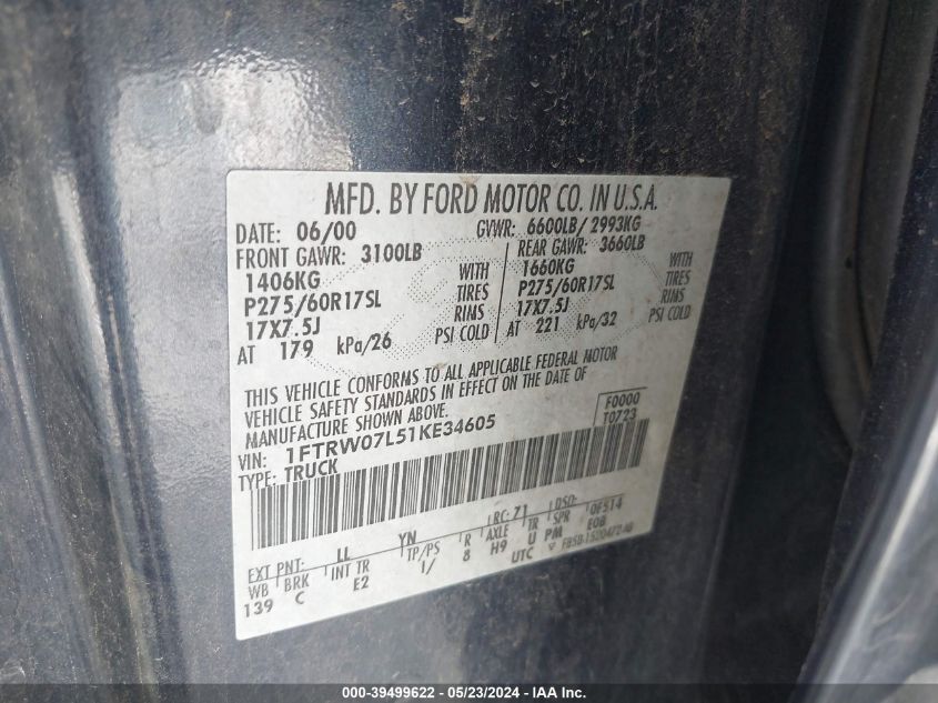 2001 Ford F-150 Harley-Davidson Edition/King Ranch Edition/Lariat/Xlt VIN: 1FTRW07L51KE34605 Lot: 39499622
