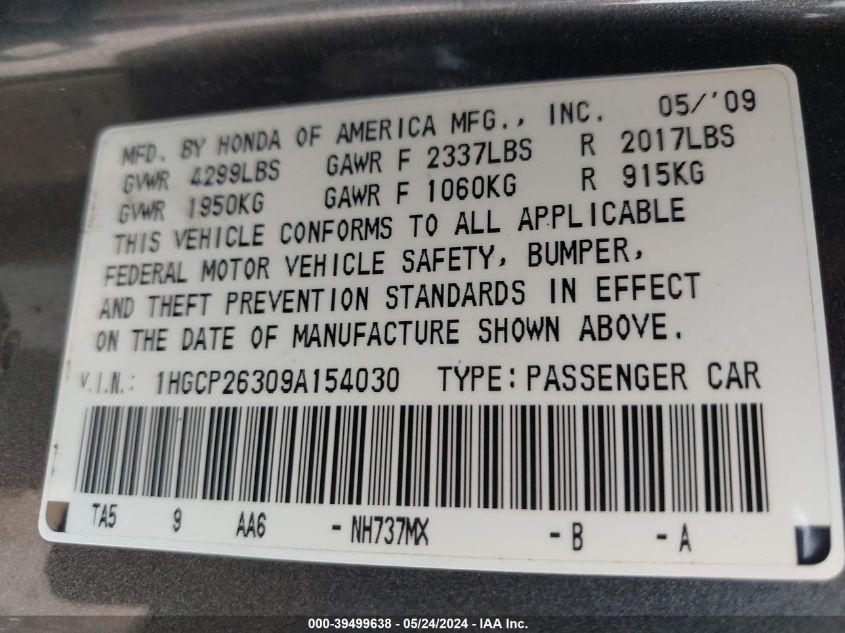 2009 Honda Accord 2.4 Lx VIN: 1HGCP26309A154030 Lot: 39499638