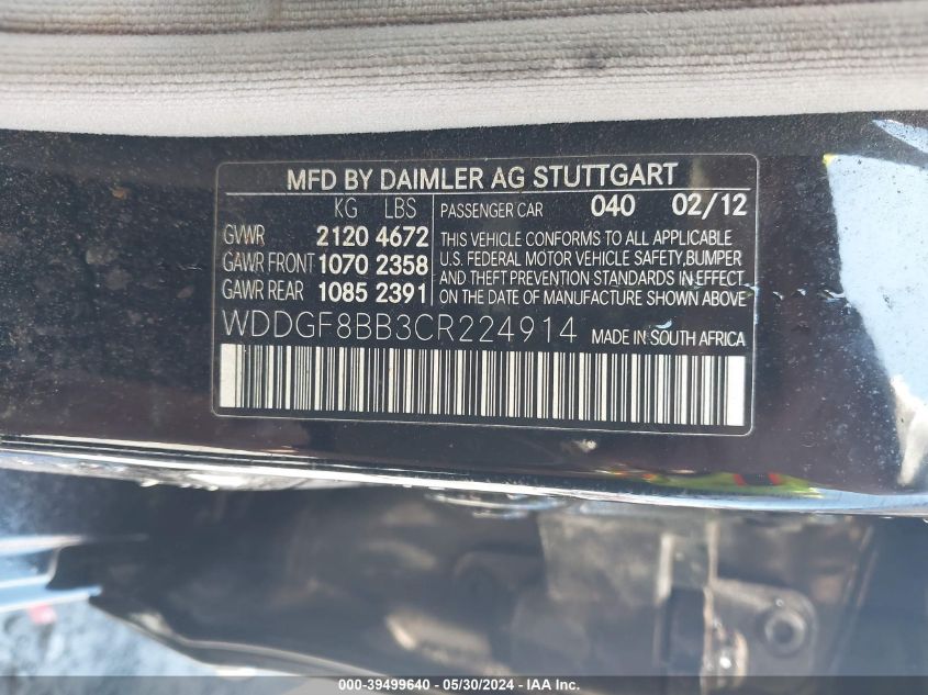 2012 Mercedes-Benz C 300 Luxury 4Matic/Sport 4Matic VIN: WDDGF8BB3CR224914 Lot: 39499640