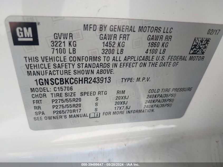 1GNSCBKC6HR243913 2017 Chevrolet Tahoe Lt