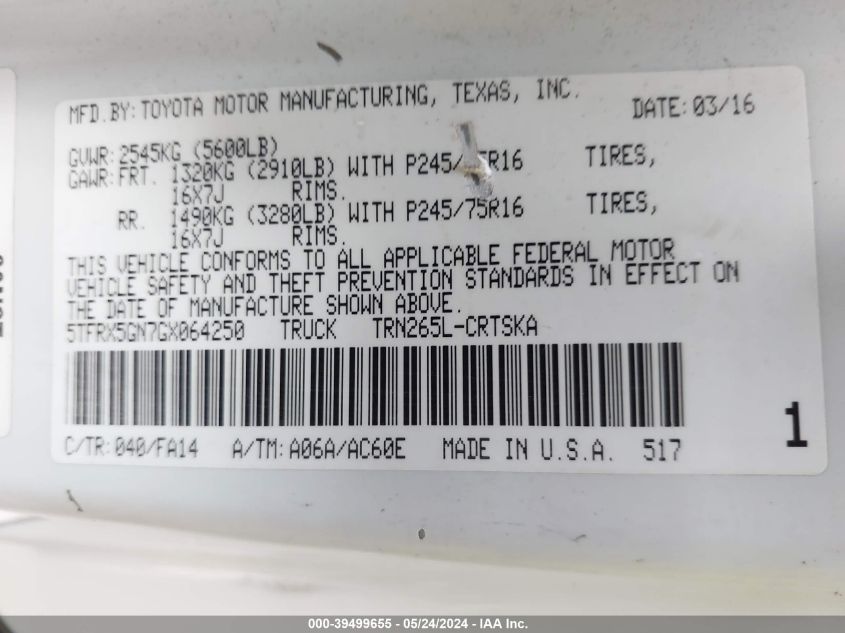 2016 Toyota Tacoma Sr VIN: 5TFRX5GN7GX064250 Lot: 39499655