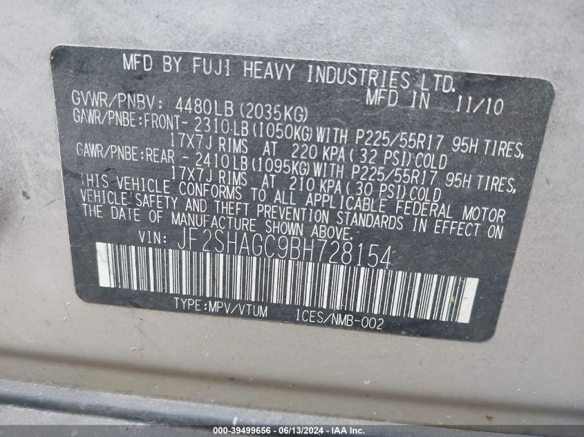 2011 Subaru Forester 2.5X Touring VIN: JF2SHAGC9BH728154 Lot: 39499656