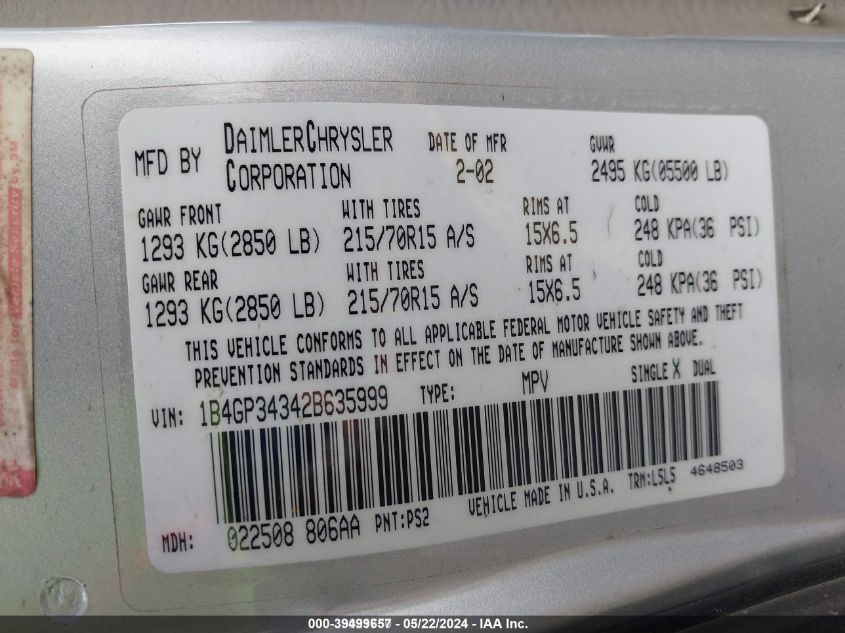 2002 Dodge Grand Caravan El VIN: 1B4GP34342B635999 Lot: 39499657