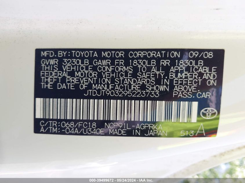 2009 Toyota Yaris VIN: JTDJT903295223733 Lot: 39499672