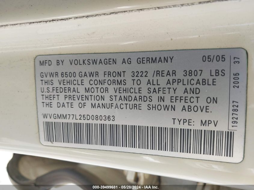 2005 Volkswagen Touareg V8 VIN: WVGMM77L25D080363 Lot: 39499681