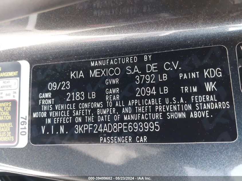 2023 Kia Forte Lxs VIN: 3KPF24AD8PE693995 Lot: 39499682