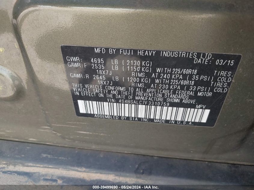 2015 Subaru Outback 2.5I Limited VIN: 4S4BSALC7F3310759 Lot: 39499690