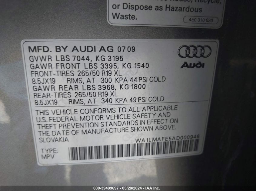 2010 Audi Q7 3.0 Tdi Premium VIN: WA1LMAFE5AD000946 Lot: 39499697