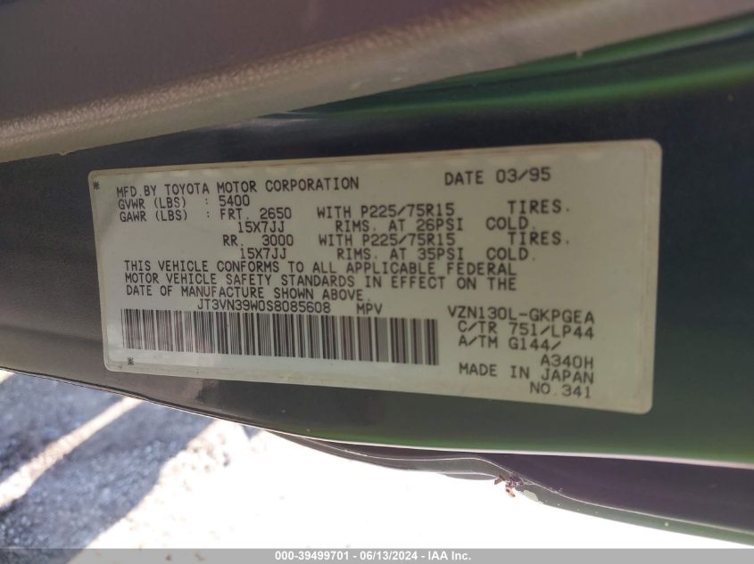 1995 Toyota 4Runner Vn39 Sr5 VIN: JT3VN39W0S8085608 Lot: 39499701