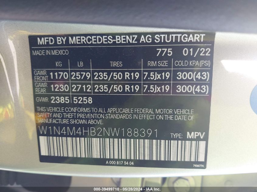 2022 Mercedes-Benz Glb 250 4Matic VIN: W1N4M4HB2NW188391 Lot: 39499710