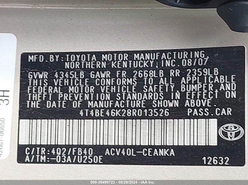 2008 Toyota Camry Le VIN: 4T4BE46K28R013526 Lot: 39499723