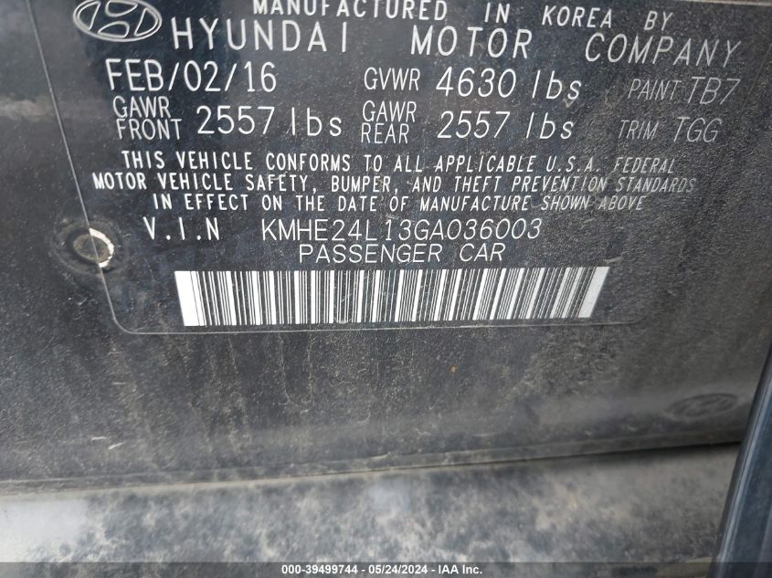 2016 Hyundai Sonata Hybrid Se VIN: KMHE24L13GA036003 Lot: 39499744