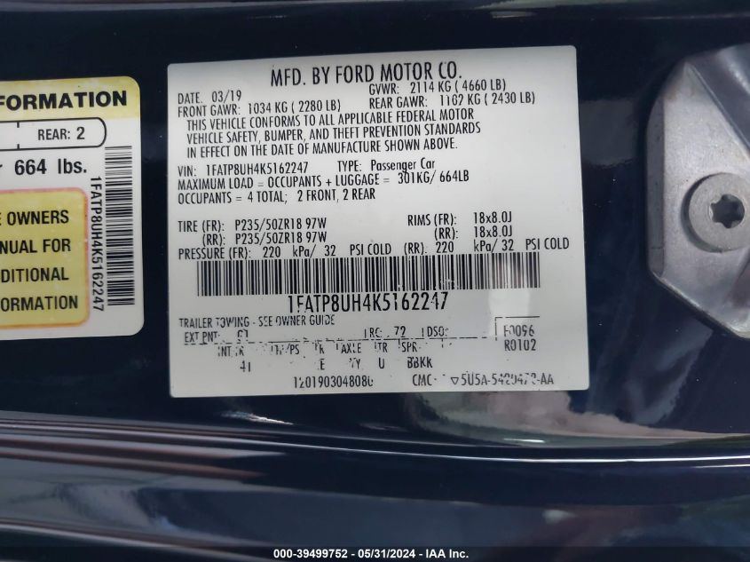 2019 Ford Mustang Ecoboost Premium VIN: 1FATP8UH4K5162247 Lot: 39499752