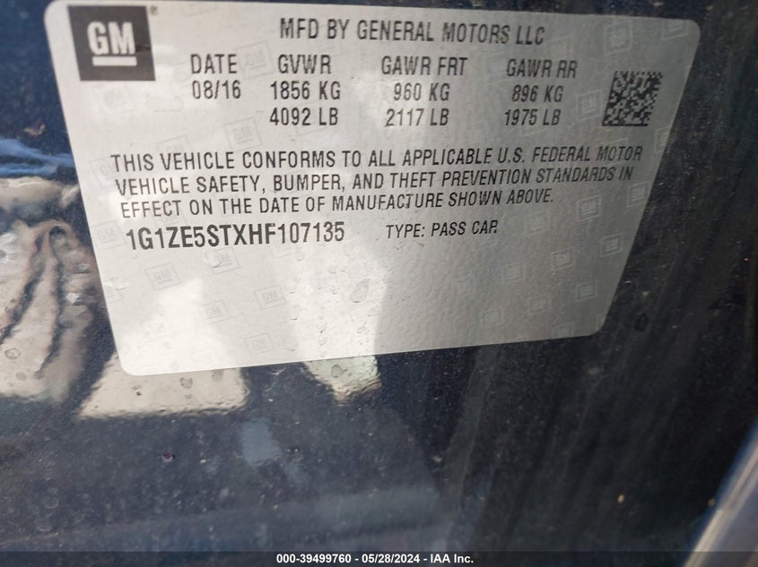 2017 Chevrolet Malibu 1Lt VIN: 1G1ZE5STXHF107135 Lot: 39499760