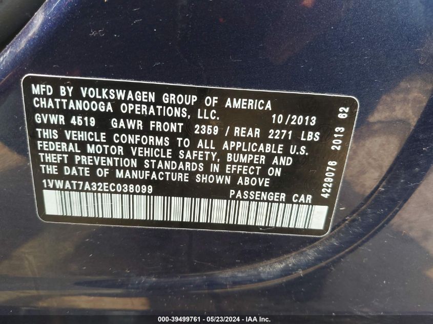 2014 Volkswagen Passat 1.8T S VIN: 1VWAT7A32EC038099 Lot: 39499761