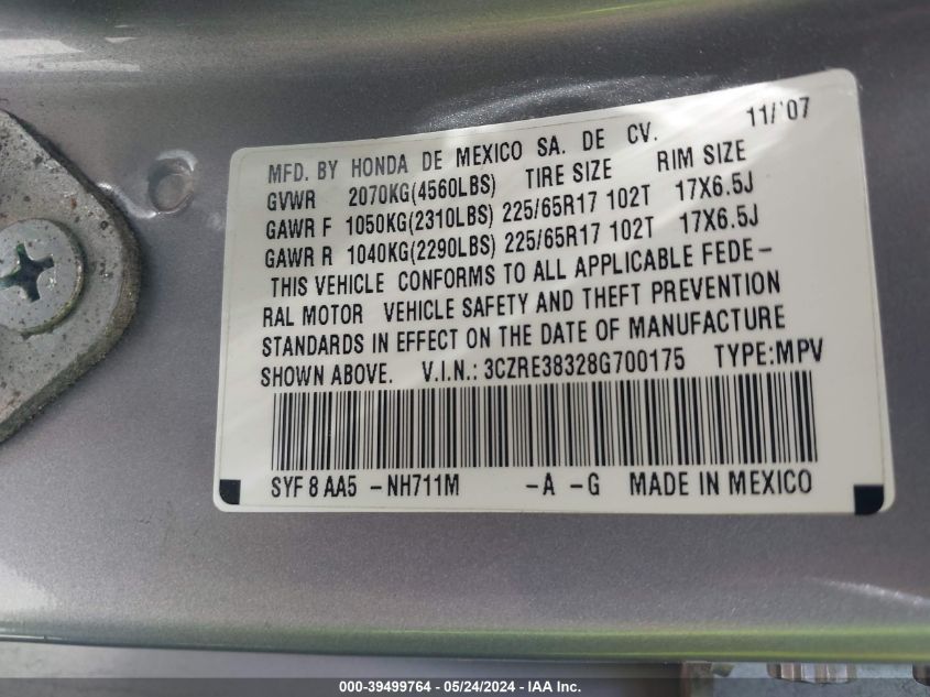 2008 Honda Cr-V Lx VIN: 3CZRE38328G700175 Lot: 39499764