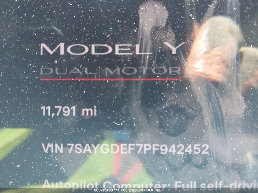 2023 Tesla Model Y Awd/Performance Dual Motor All-Wheel Drive VIN: 7SAYGDEF7PF942452 Lot: 39499777