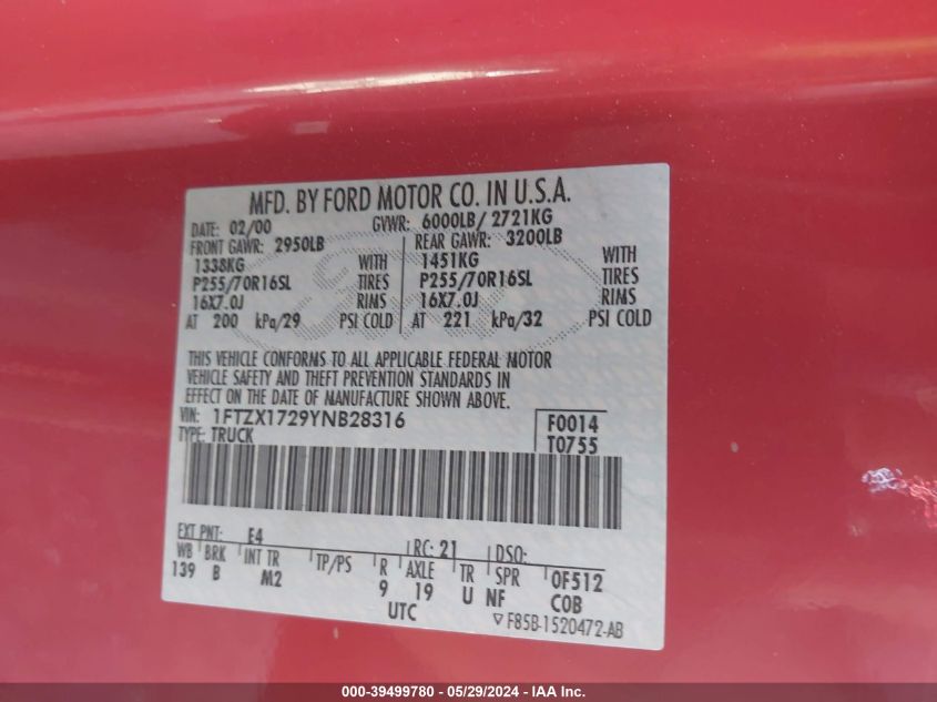 2000 Ford F-150 Work Series/Xl/Xlt VIN: 1FTZX1729YNB28316 Lot: 39499780