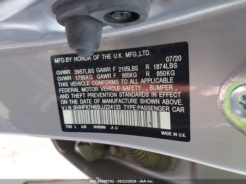 VIN SHHFK7H65LU224133 2020 HONDA CIVIC EX