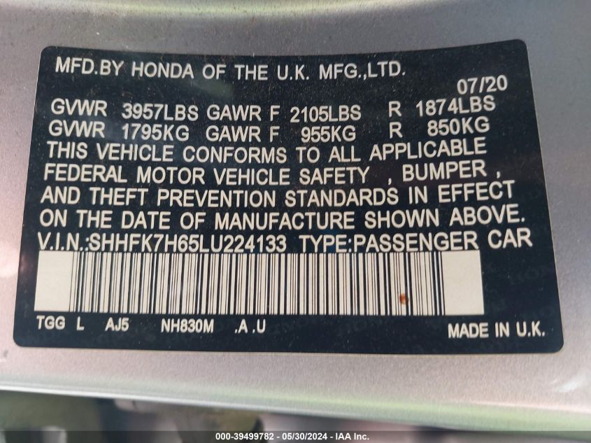 2020 Honda Civic Ex VIN: SHHFK7H65LU224133 Lot: 39499782