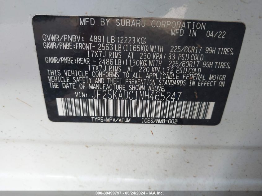 2022 Subaru Forester Premium VIN: JF2SKADC1NH465247 Lot: 39499797